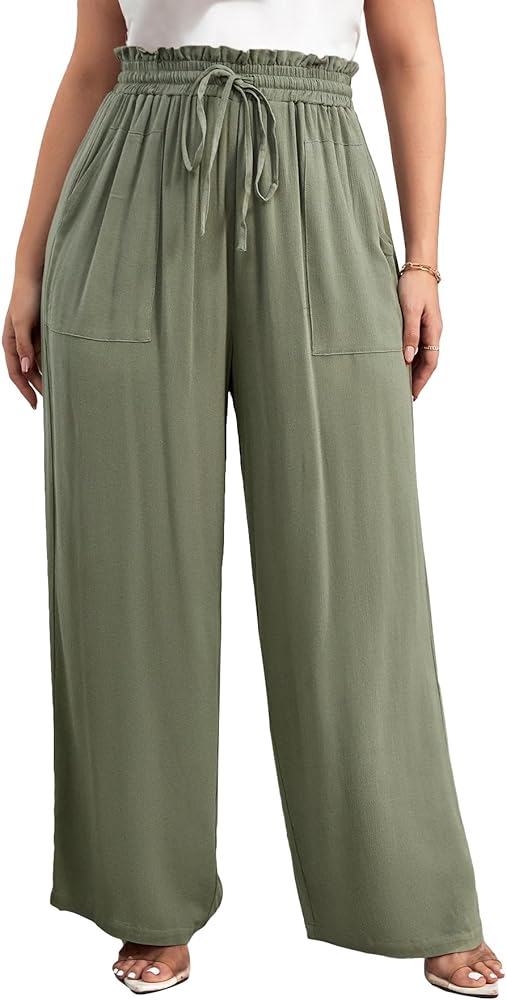 Verdusa Women's Plus Size Drawstring Waist Wide Leg Loose Pants Palazzo with Pocket