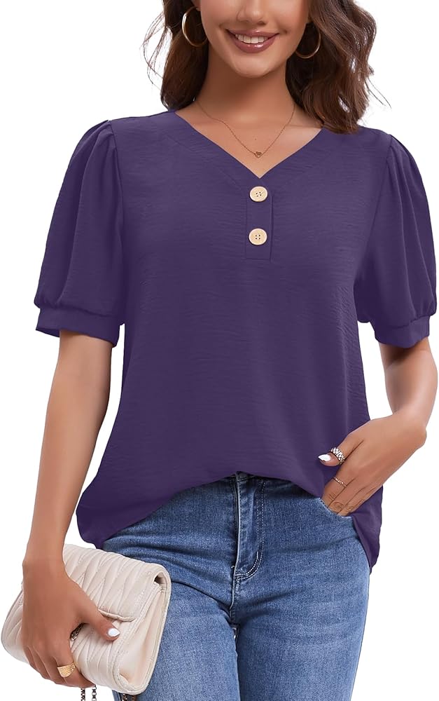 NILOUFO Womens Summer Casual T Shirts Puff Short Sleeve Tops V Neck Trendy Blouses Tunic