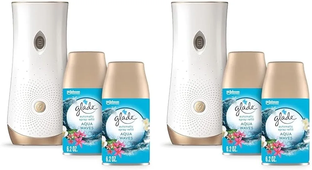 Glade Automatic Spray Refill and Holder Kit, Air Freshener for Home and Bathroom, Aqua Waves, 6.2 Oz, 2 Count (Pack of 2)