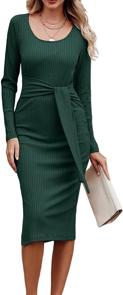 PRETTYGARDEN Women's Long Sleeve Square Neck Slit Bodycon Sweater Dress Tie Waist Ribbed Slim Fit Knit Midi Dress