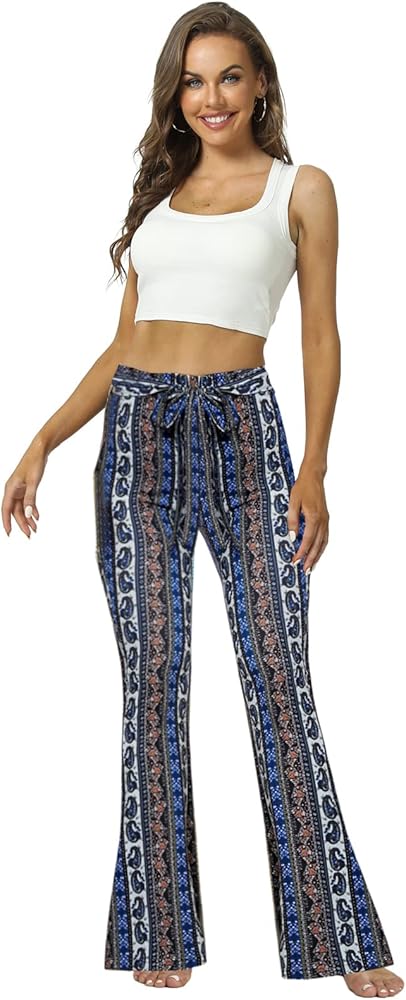 WSPLYSPJY Women's Floral & Paisley Print Knot Front Flare Leg Pants Bowknot Tie Belted