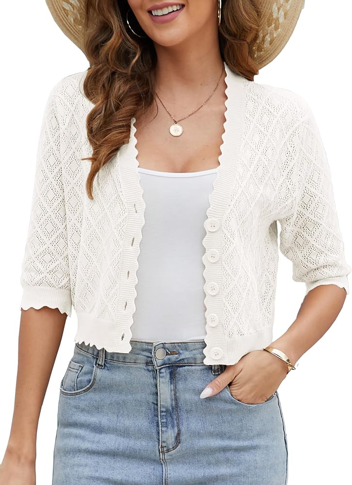 Women's 3/4 Sleeve Cropped Cardigan, Lightweight Cardigans Sweaters Open Front Crochet Knit Bolero Shrugs for Dresses