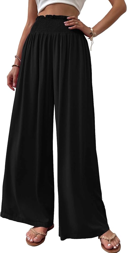 Febriajuce Womens High Waist Wide Leg Pants Smocked Elastic Waist Flowy Palazzo Lounge Pants Loose Trousers with Pockets