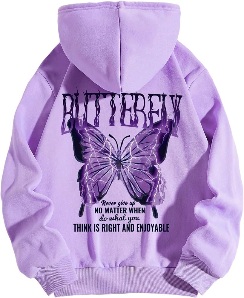 SHENHE Women's Plus Size Letter Graphic Print Drawstring Butterfly Hoodie Loose Sweatshirt