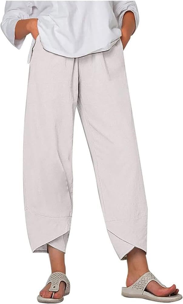 Trendy Womens Summer Capri Pants Casual Comfy Baggy Palazzo Trouser Pants with Pocket