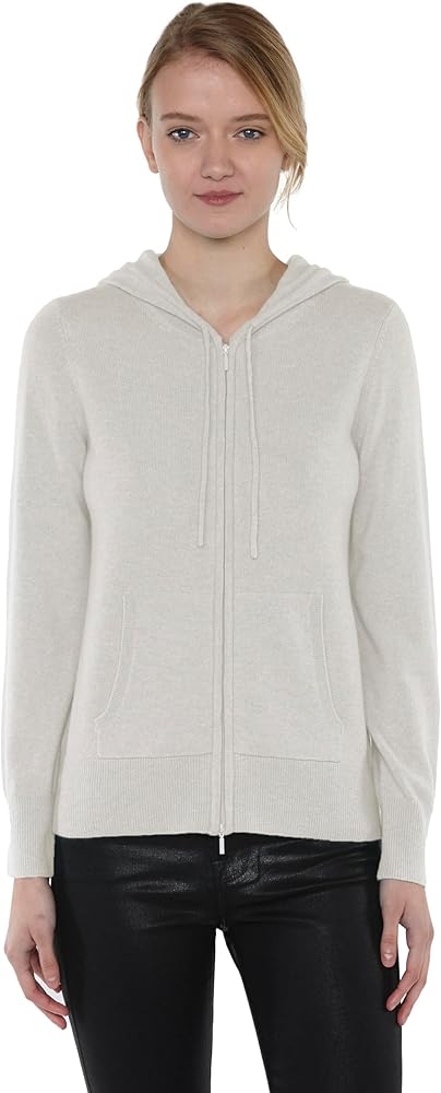 JENNIE LIU Women's 100% Pure Cashmere Long Sleeve Zip Hoodie Cardigan Sweater