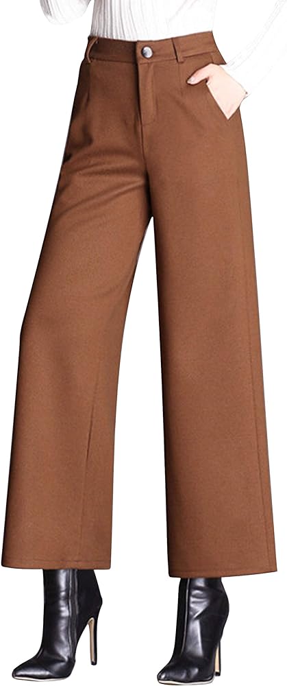 Tanming Women's Casual High Waist Trousers Wool Blend Cropped Wide Leg Pants