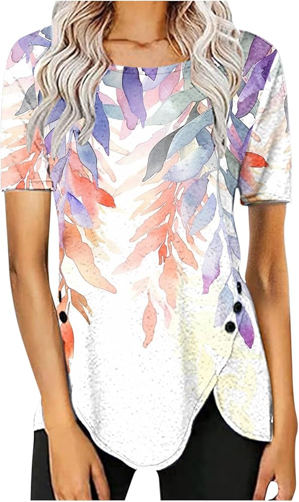 Ceboyel Women High Low Hem Spring Tops Leaf Print Blouses Shirts Short Sleeve Dressy Casual Tunic Trendy Ladies Clothes 2023