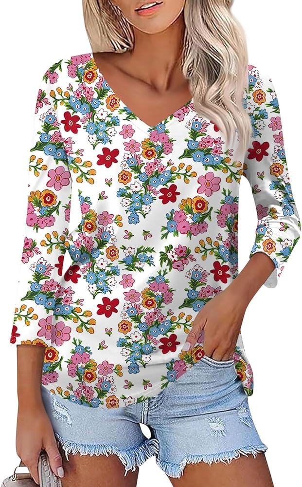 Womens Tops Summer 3/4 Sleeve V Neck T Shirts Cute Dressy Casual Tees Floral Trendy Tunics Tops Blouses