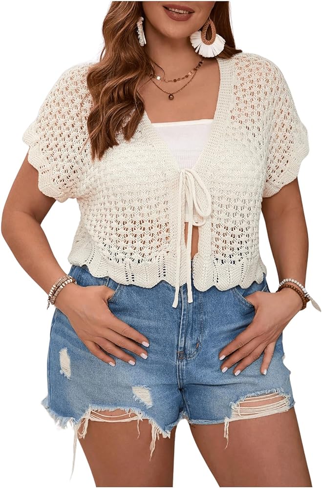 Floerns Women's Plus Size Crochet Hollow Out Tie Front Scallop Trim Crop Cardigan Sweater