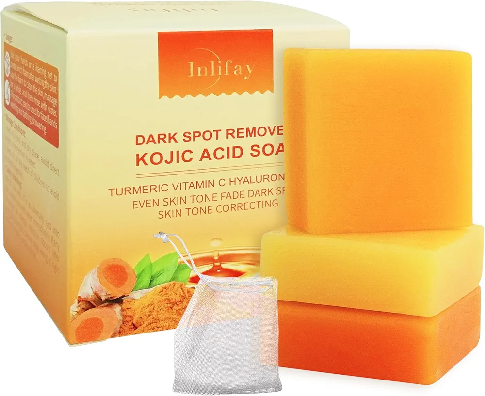 Inlifay Kojic Acid Soap Dark Spot Remover : Turmeric Soap with Vitamin C, Vitamin E, Retinol, Collagen, Hyaluronic Acid, Moisturizing for Body & Face