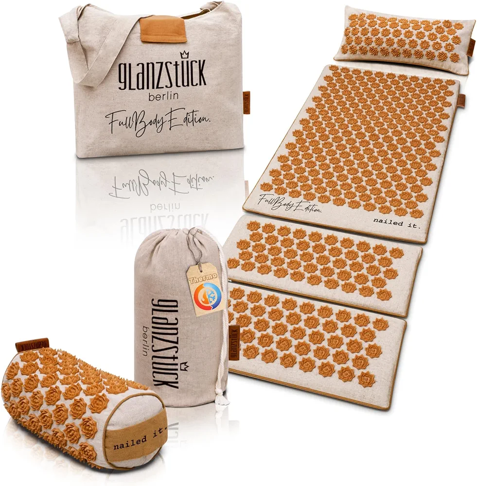 Glanzstück Berlin® Health Collection XXL Acupressure Mat Set for Full Body for Tension Headaches Back Pain Stress with heatable Acupressur Neck Roll