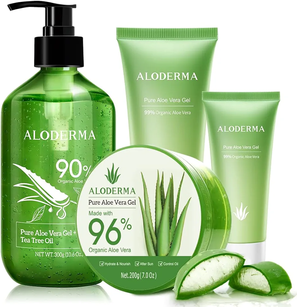 All Purpose Aloe Vera Gels Set - 4 Pieces - 300g Aloe Vera Gel + Tea Tree Oil, 200g Aloe Vera Gel, 114g Aloe Vera Gel & 45g Aloe Vera Gel