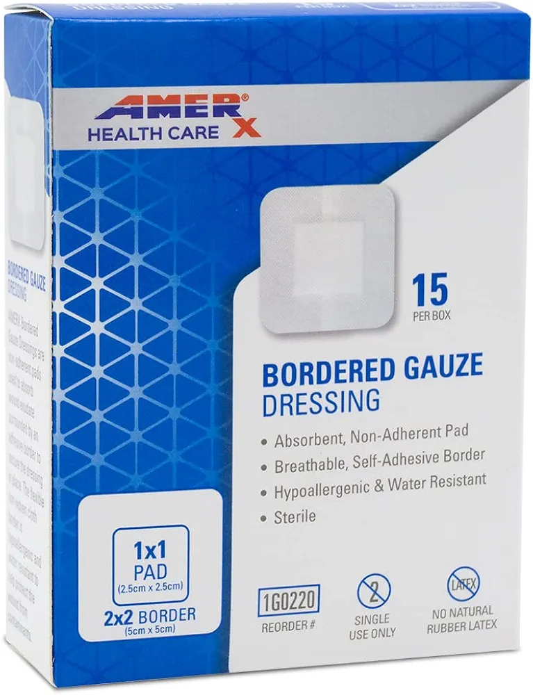 2" x 2" Dressing (1x1 Pad) AMERX Bordered Gauze - Adhesive Bandages - Water Resistant Barrier - Self Adhesive Border - Breathable, Hypoallergenic - 15 Pads Per Box