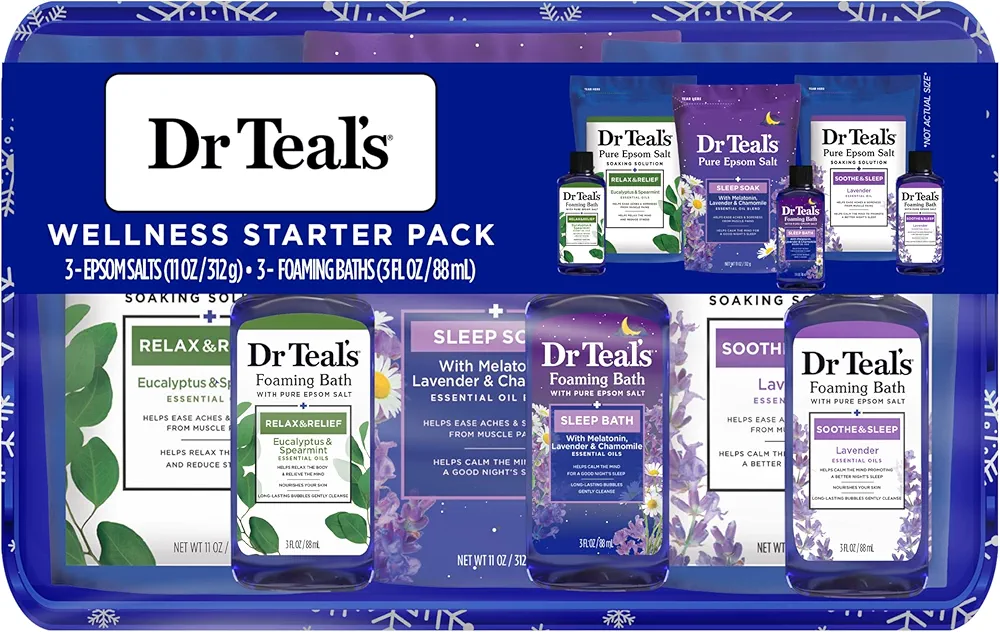 Dr Teal’s Pure Epsom Salt Soak Trio Gift Set with Eucalyptus & Spearmint, Melatonin & Essential Oil Blend, and Lavender Essential Oil, 4 Piece