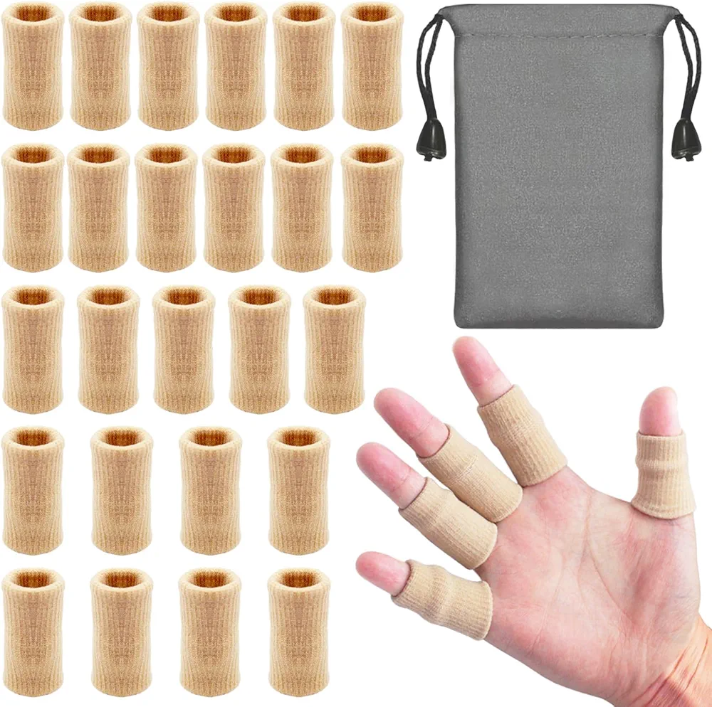 LAPOHI 30 PCS Finger Sleeves with 1 Storage Bag, Sports Finger Protectors Thumb Splint Brace Support, Elastic Finger Tape for Relieving Pain Arthritis Trigger Finger Basketball