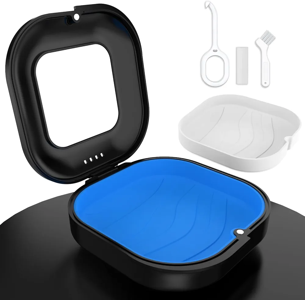 Retainer Case, Aligner Case with Vent Holes Compatible with Invisalign, Mouth Guard Case, Cute Retainer Case with Mirror, Replaceable Silicone Pads with Retainer Removal Tool and Brush, Black