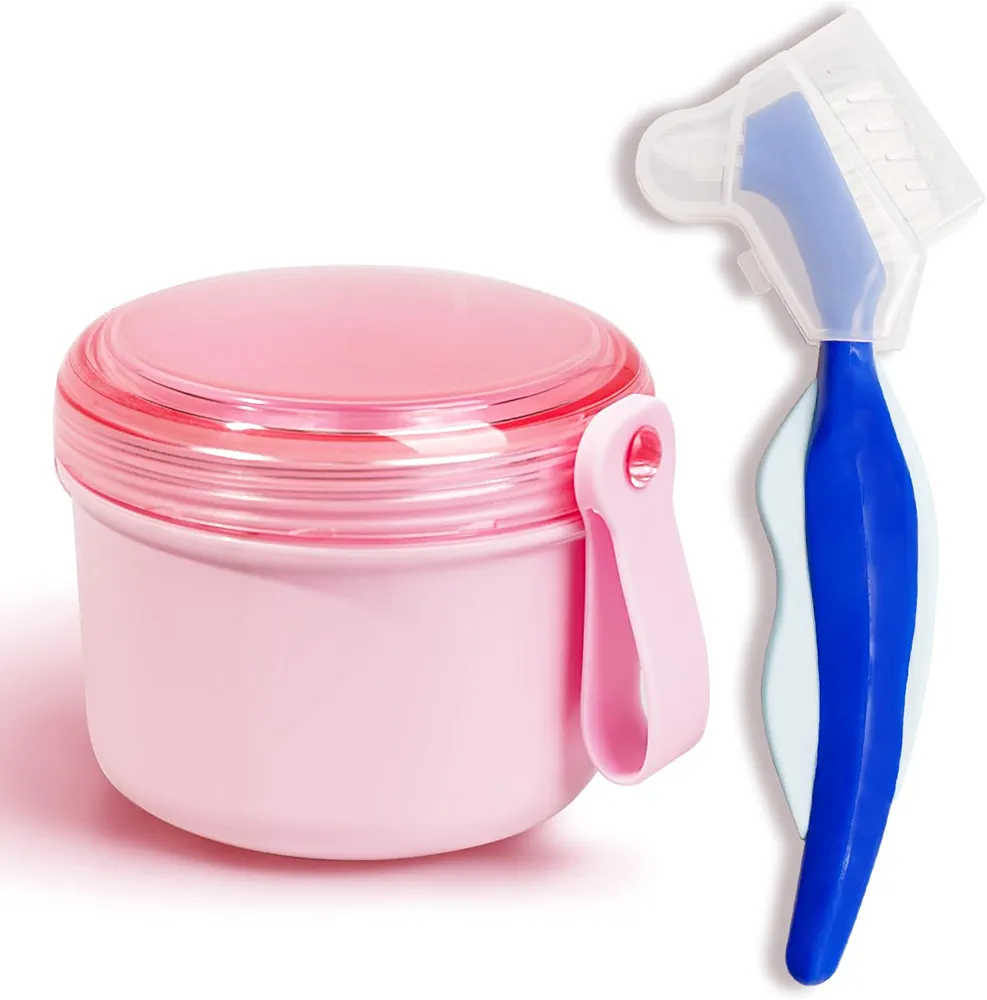 Denture Case with Denture Brush, Waterproof Denture Bath with Portable Denture Brush Holder,Partial Denture Case with Basket denture cups for soaking dentures (pink)