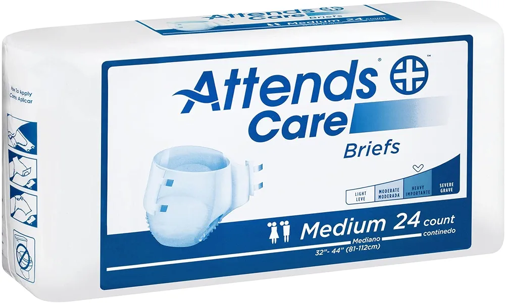 Attends Care Incontinence Disposable Briefs, Medium, 32"-44" Waist Tab Closure, Heavy Absorbency with Rapid Lock Dual Core, Premium Softness and Comfort, Breathable Fabric and Odor Shield, 96ct Case