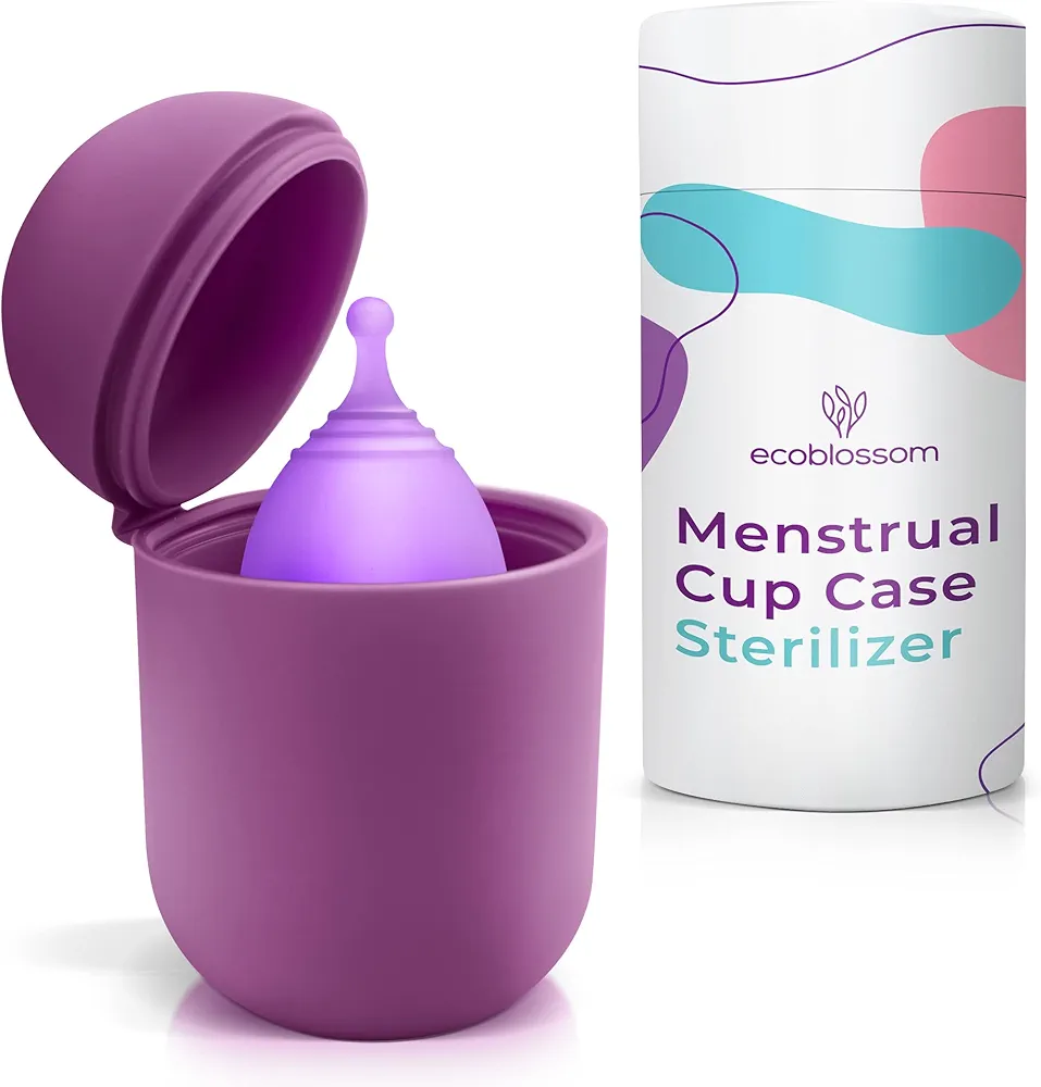 EcoBlossom Menstrual Cup Case and Sterilizer - Reusable Silicone Sterilizing Holder - Cleaner Period for You and Your Disc or Cup - Portable Cleaning Container & Microwave Steamer (Purple)