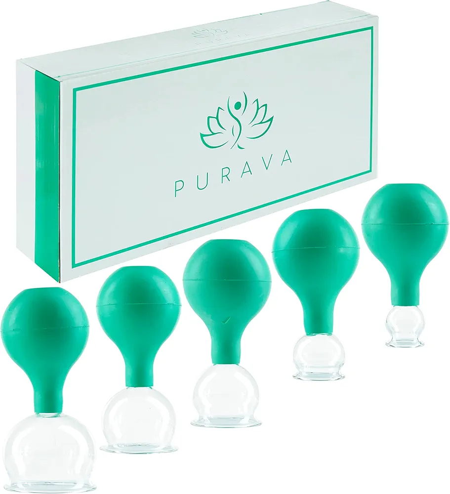 PURAVA Cupping Therapy Set with Suction Ball, Glass Cupping Set for Neck, Face and Body for Tension, Back Pain and Cellulite - Set of 5