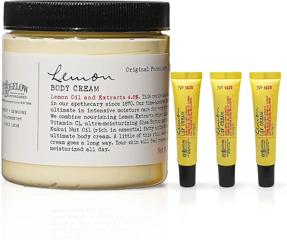 C.O. Bigelow Lemon Body Cream No. 005, 8 oz. & Lemon Lip Cream Trio, 0.5 oz. (Pack of 3)