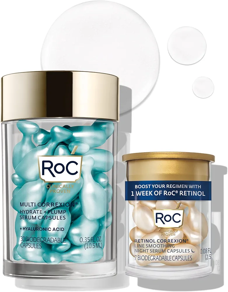 RoC Multi Correxion Hyaluronic Acid Night Serum Capsules (30 CT) for intense hydration + RoC Retinol Capsules (7 CT), Skin Care Routine, Anti-Aging Skin Care Wrinkle Treatment for Women and Men