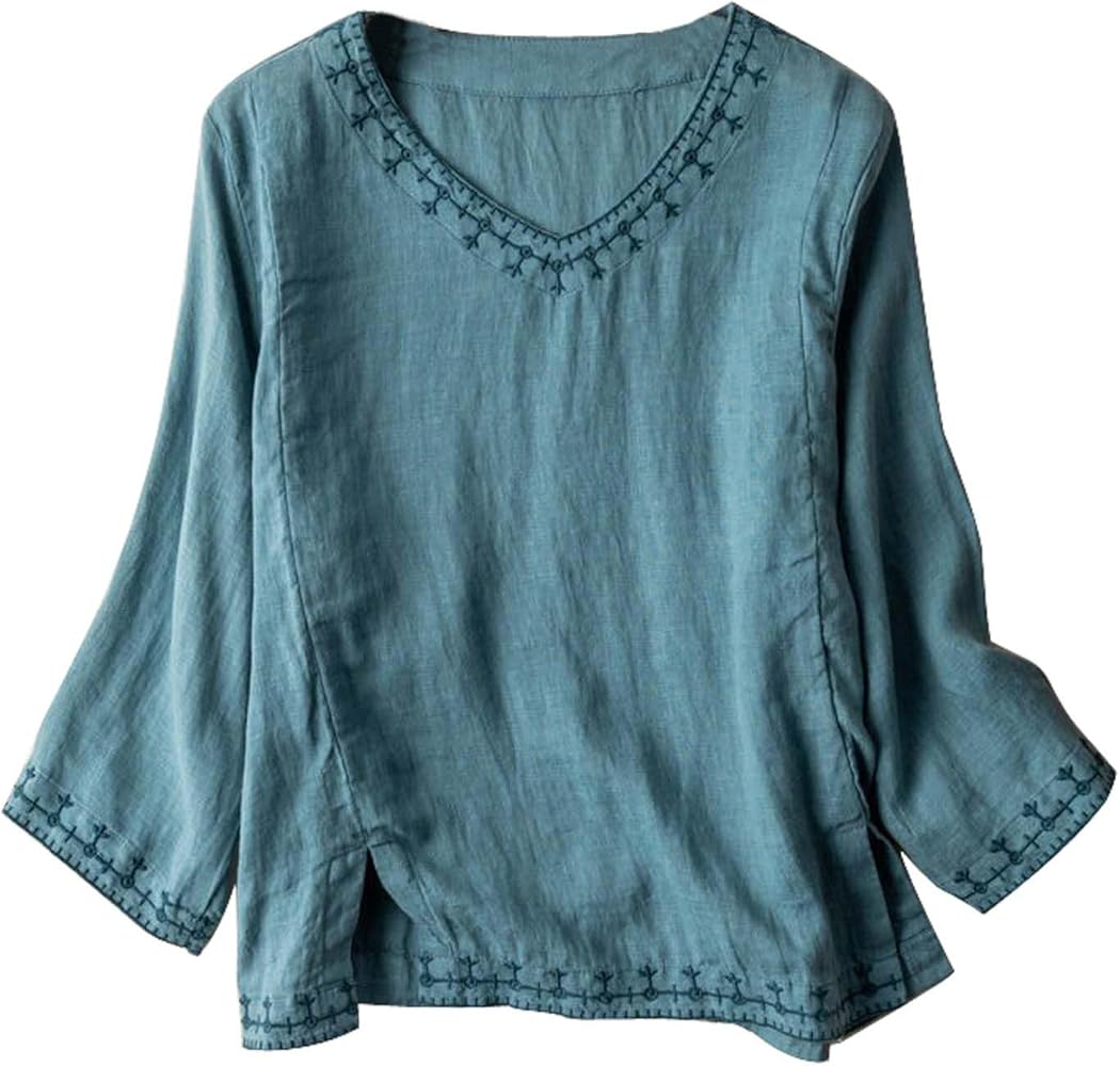 Cotton Linen Tops for Women Summer Casual 3/4 Sleeve T Shirts Lightweight Ethnic Style Embroidery Blouses Tees