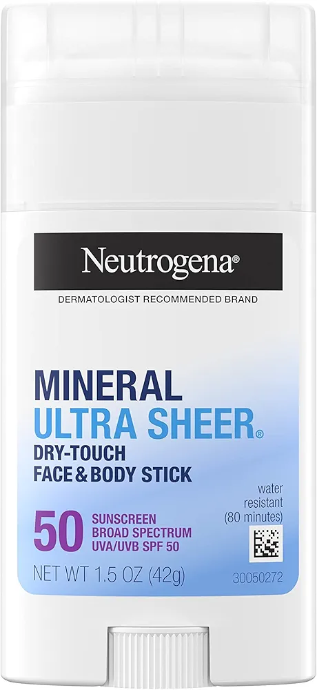 Neutrogena Ultra Sheer Dry Touch SPF 50 Mineral Sunscreen Stick for Sensitive Skin, Face & Body Sunscreen with Zinc Oxide & Vitamin E, No White Residue, Non-Comedogenic & Vegan, 1.5 oz