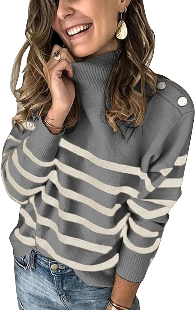 KIRUNDO Women's 2024 Fall Winter Long Sleeve Knit Sweater Turtleneck Striped Loose Pullover Tops Deco with Metal Buttons