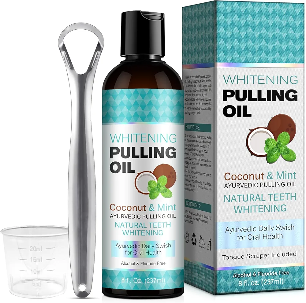 Coconut Oil Pulling for Fresh Breath and Oral Hygiene - Ayurvedic Expert Formulated | Supports Healthy Gums | Natural Teeth Whitening - Includes Tongue Scraper and Measuring Cup - 8 fl. oz