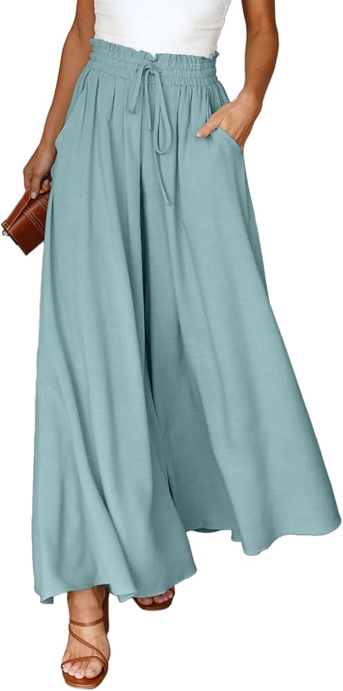 EVALESS Womens Casual Wide Leg Pants Flowy Elastic Drawstring Waist Palazzo Pants with Pockets