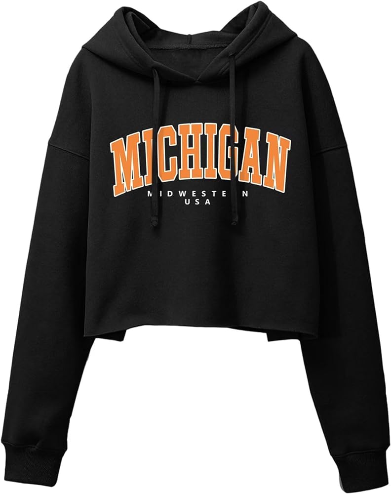 ORANDESIGNE Woman Letter Graphic Print Cropped Hoodie Long Sleeve Crop Fleece Casual Workout Loose Pullover Sweatshirt Tops