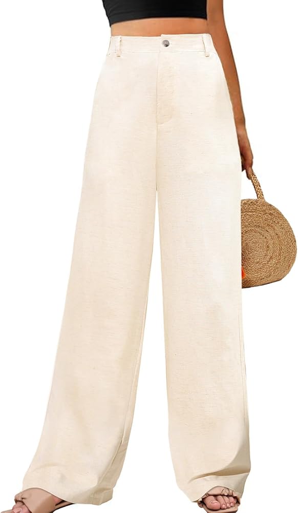 HEEKPEK Linen Pants for Women Straight Wide Leg Flowy Pants High Waisted Trousers Casual Button Up Summer Beach Pant