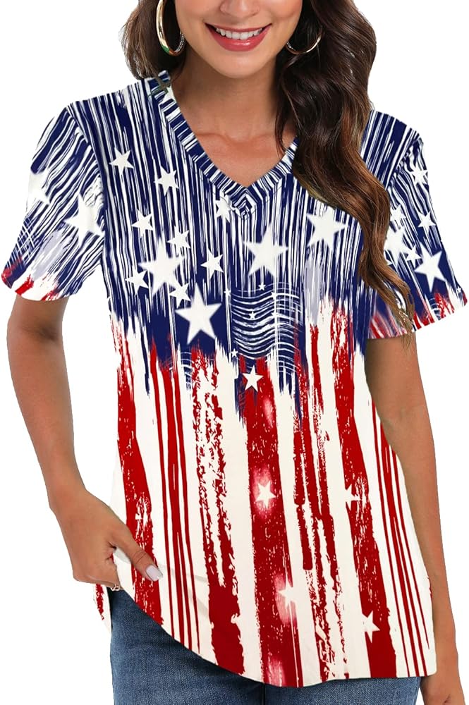 CM-Kid 4th of July Patriotic Shirt for Women American Flag Clothing Summer V Neck Short Sleeve USA Outfit Tee Top