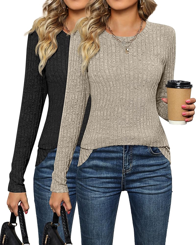 Ficerd 2 Pack Women's Knit Tops, Crew Neck Casual Shirts Long Sleeve Fall Pullover Blouses Ribbed Knit Tunic Tops