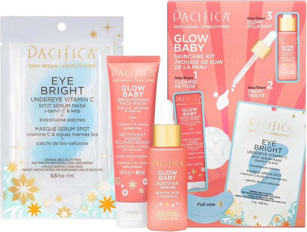 Pacifica Beauty | Glow Baby Vitamin C Trial + Value Kit | 3-Piece Skin Care Gift Set | Travel Friendly | Brightening Face Serum, Face Wash/Cleanser, Under Eye Patches | Glycolic Acid, AHA | Vegan