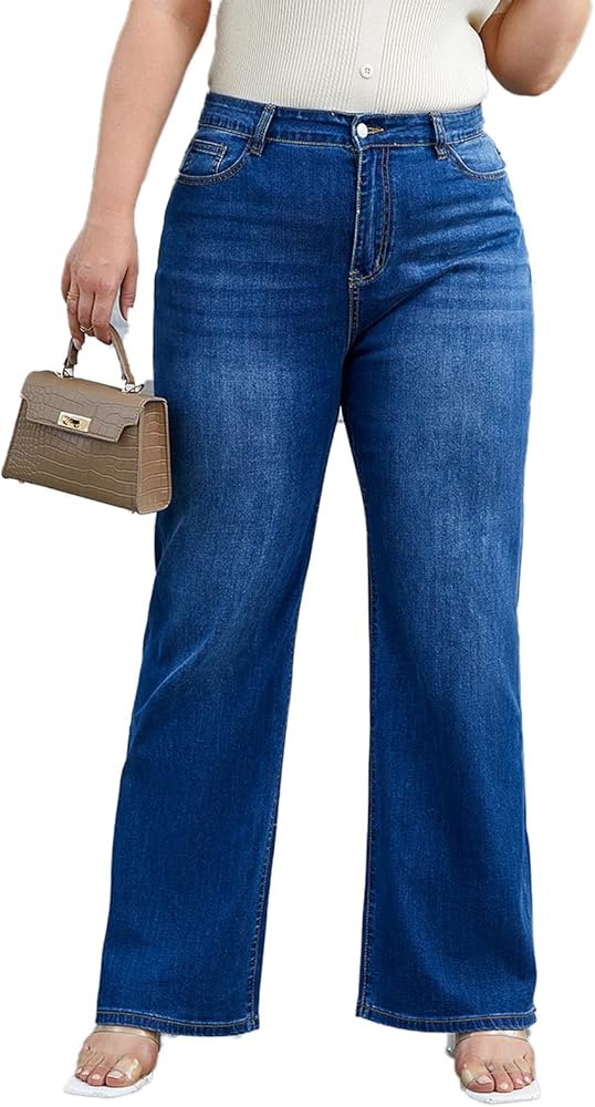 KISSPLUS Plus Size Wide Leg Jeans for Women High Waist Deep Blue Jeans Curvy Stretchy Denim Pants