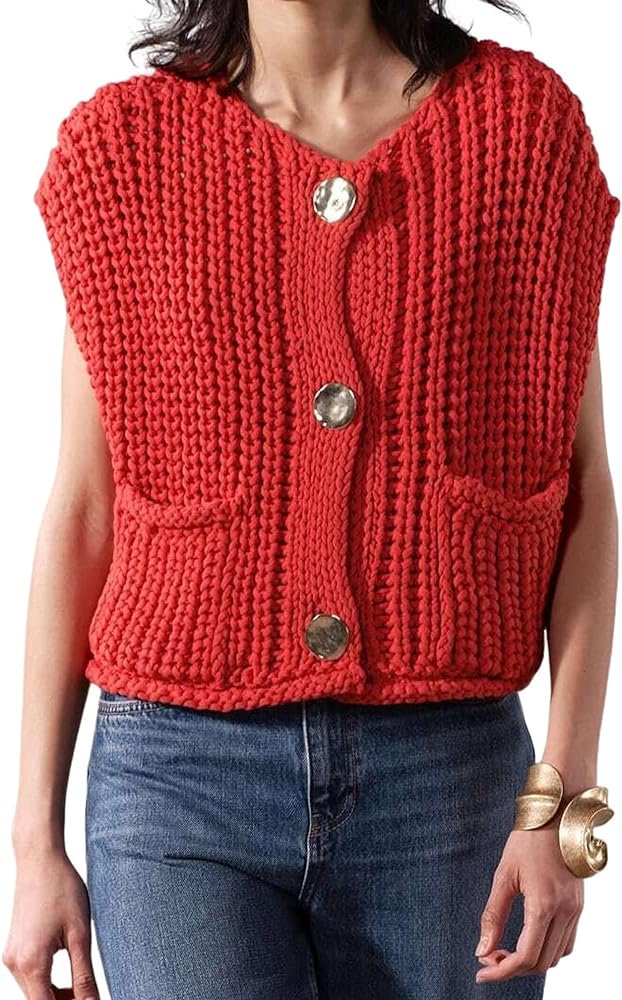 Women's Fashionable Sleeveless Short Knitted Sweater Vest Button Cardigan with Pockets