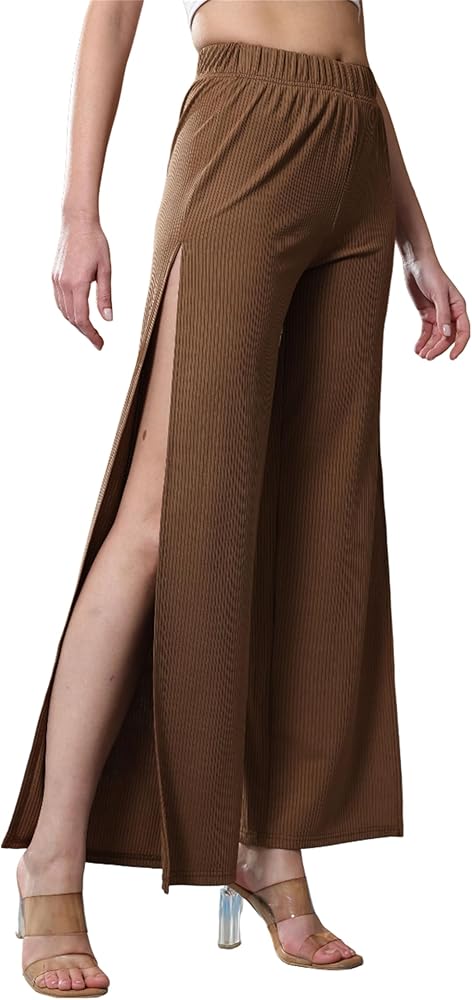 Women Flowy High Split Wide Leg Pants Rib Knit Elastic High Waisted Palazzo Long Pants Casual Beach Summer Trousers