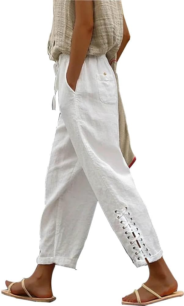 Womens Linen Pants with Pockets High Waist Comfy White Casual Pants Lightweight Loose Trousers