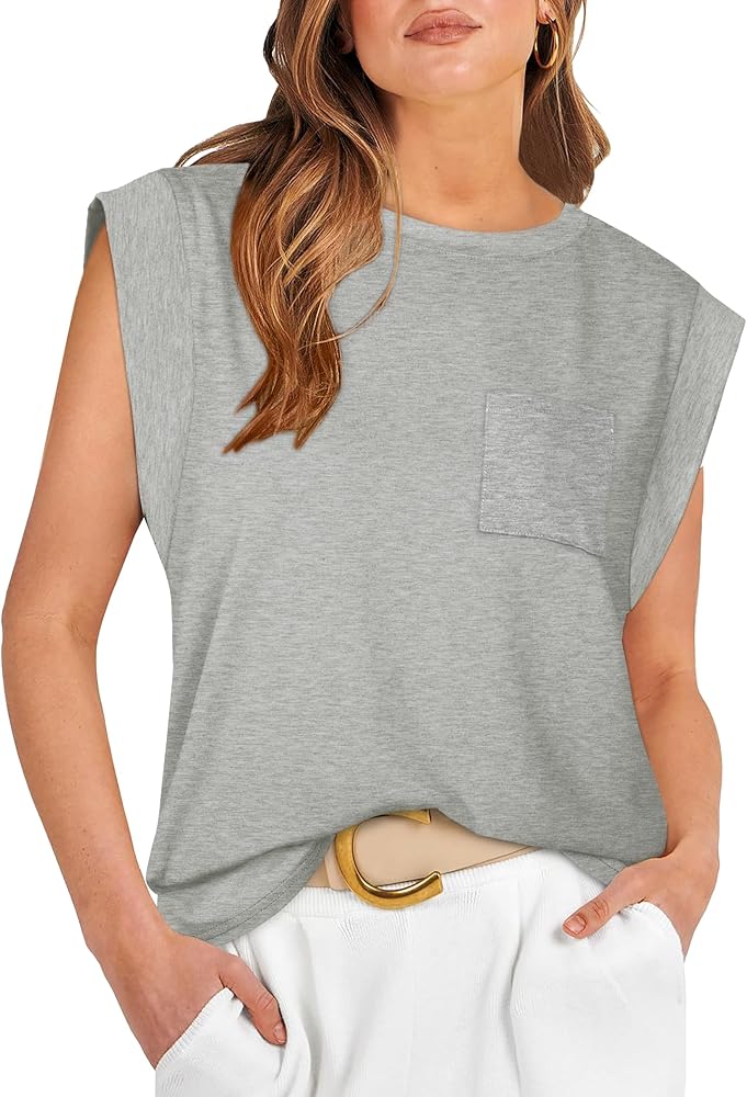 WIHOLL Cap Sleeve Tops for Women Basic Tee Shirts with Front Pocket Casual Tank Top 2024 Trendy