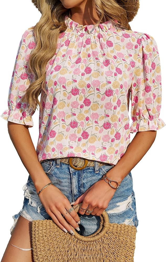 BTFBM Women's Summer Boho Shirt Top Ruffle Short Sleeve Frill Trim Mock Neck Floral Solid 2024 Casual Blouses Shirts Tops