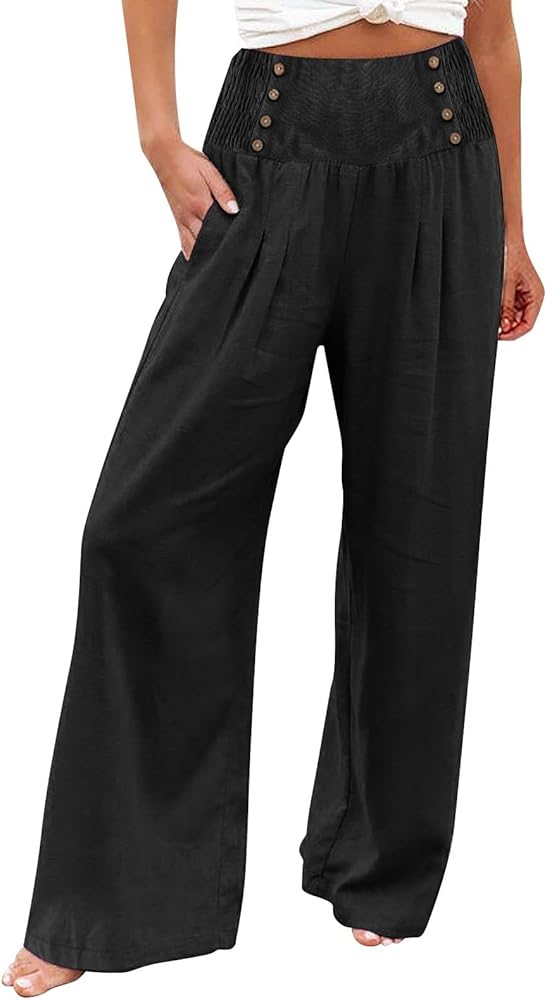 Women's Cotton Linen Pants,Summer Wide Leg Casual Button Elastic High Waist Palazzo Trousers