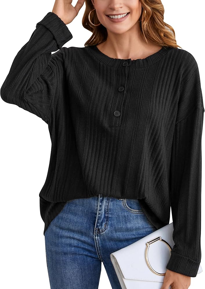 Blooming Jelly Womens Casual Fall Tops Long Sleeve Button Henley Lightweight Tunic Tops Black