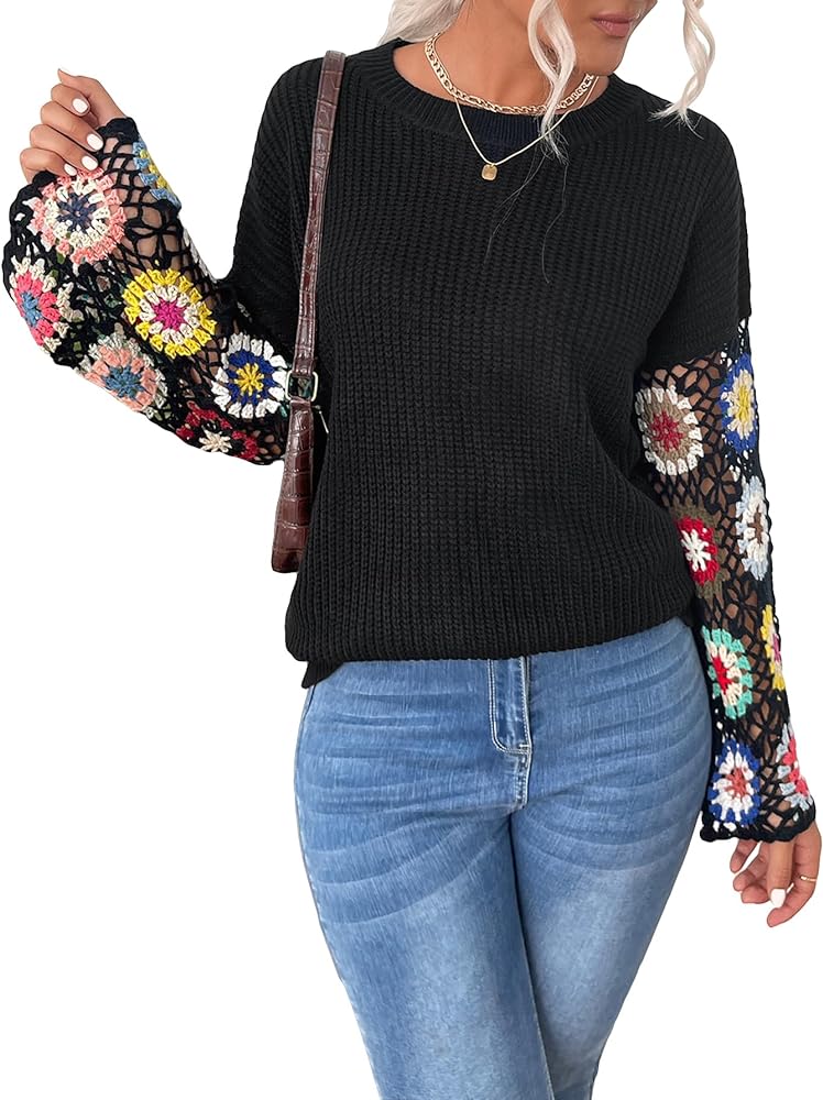 GORGLITTER Women's Floral Long Sleeve Sweaters Knit Hollow Out Drop Shoulder Pullover Jumper Top