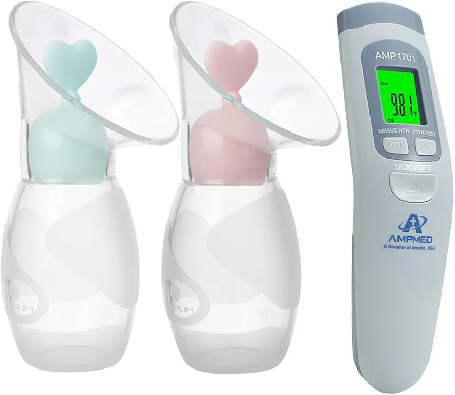 Amplim Deluxe Manual Silicone Breast Pump and No Touch Forehead Thermometer for Babies and Adults | Bundle Pack