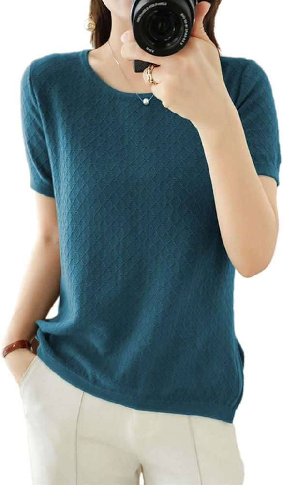 Womens Short Sleeve Sweaters Tops Summer Thin Pullover Cotton Knit Shirt Crew Neck Lightweight Pointelle Blouse