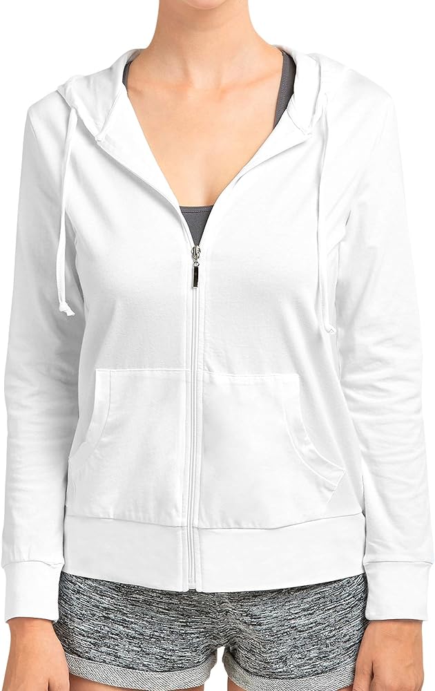 Women's Lightweight Cotton Blend Long Sleeve Zip Up Thin Hoodie Jacket (White, Medium)