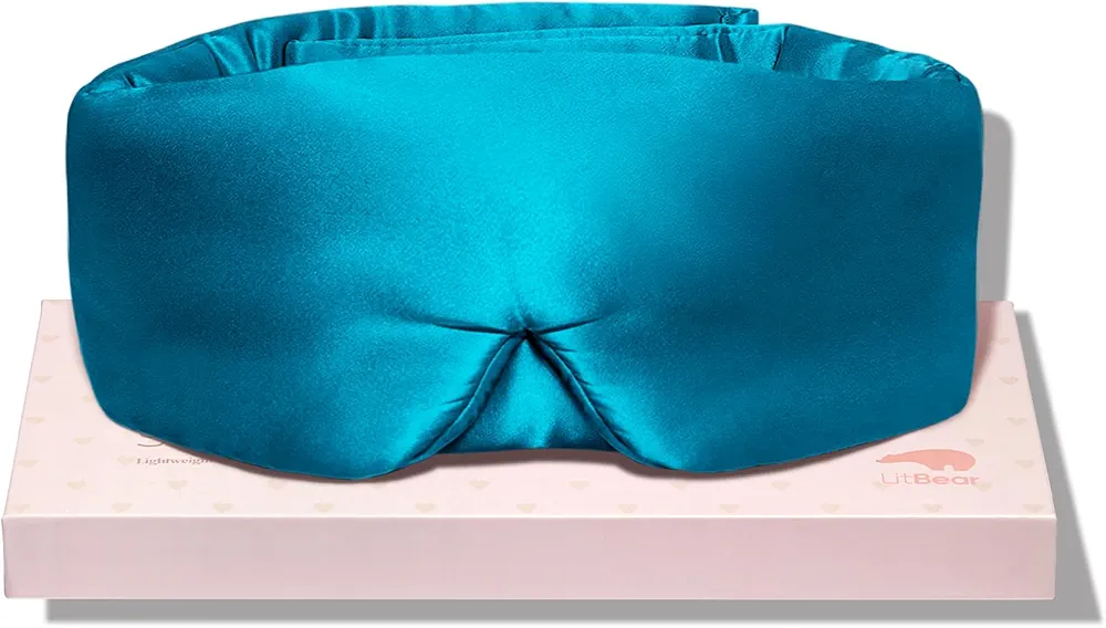 LitBear Silk Sleep Mask for Side Sleeper, Eye Mask Sleeping for Women Men 100% 22 Momme Pure Mulberry Silk, Face-Hugging Padded Silk Eye Cover for Sleeping with Adjustable Band (Peacock Blue)